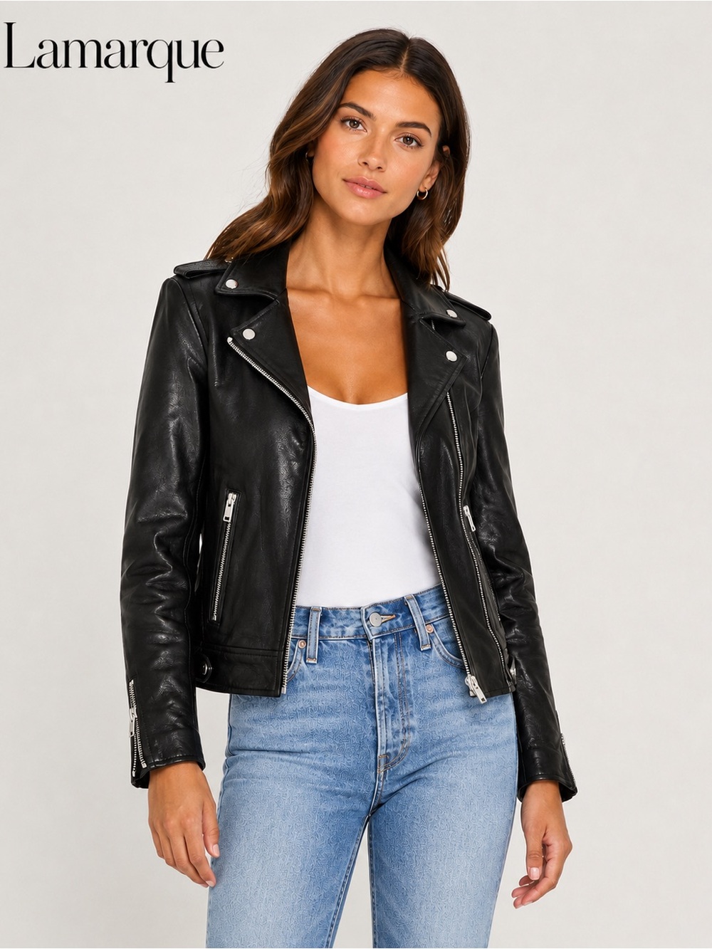 LAMARQUE Black Leather Moto Biker Jacket Silver Hardware NWOT  Size S